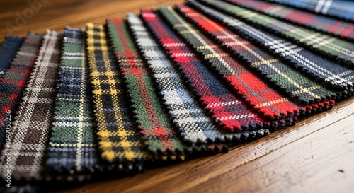 Various tartan fabric swatches (plaids) fanned out on a table.