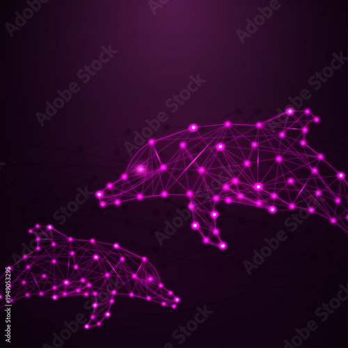 Futuristic Neon Dolphin Network Background, Low Poly Dolphin Technology Illustration, Glowing Pink Dolphin Digital Connection Concept, Abstract Wireframe Dolphin Tech Design
