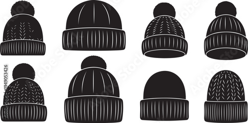 Collection of black knit hats with various designs shown