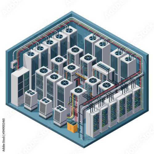 Isometric Data Center Room with Servers and Cooling Systems.