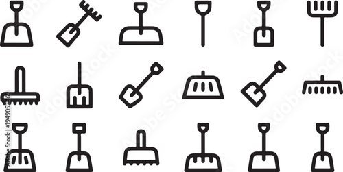 Gardening tools and equipment icons in black and white