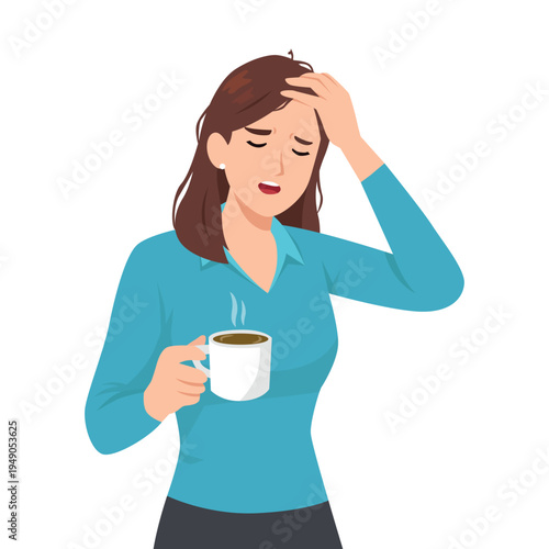 Exhausted Businesswoman Holding Coffee with Headache. Flat vector illustration isolated on white background