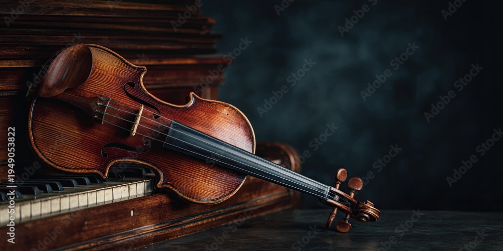 Fototapeta premium Violin against a piano background. Copy space. Dark background.