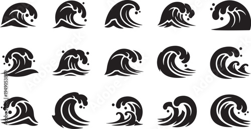 Collection of various wave icons in black and white