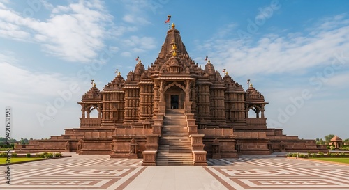 Grand Sandstone Hindu Temple Architecture, Traditional Indian Mandir Exterior