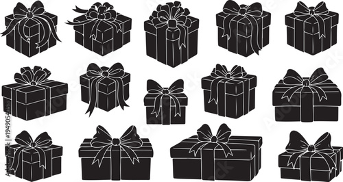 Black and white gift boxes with ribbons and bows