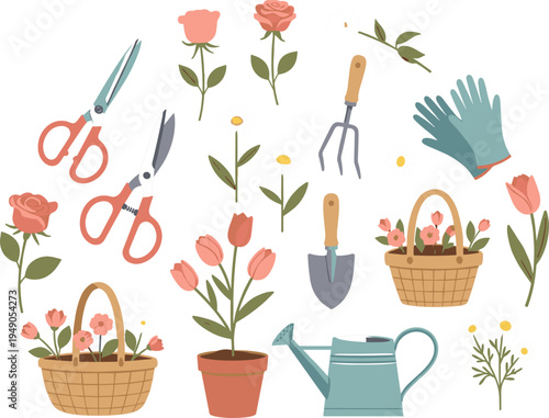 Gardening Tools and Flower Pots Vector Set Featuring Scissors, Gloves, Watering Can, and Floral Baskets for Gardening, Planting, and Outdoor Decor
