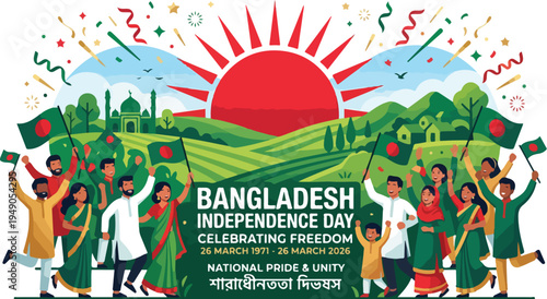 Vibrant illustration of people celebrating Bangladesh Independence Day with a sunny landscape and green hills in the background.
