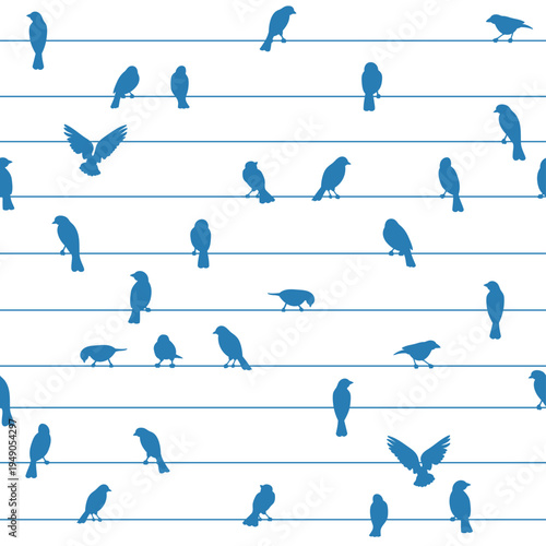 Birds on wires. Pattern with sparrows sit on lines. Notebook style