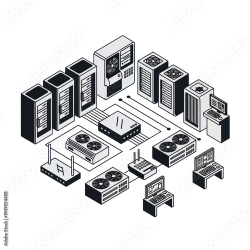 Isometric Data Center Illustration - Servers, Computers, and Network Devices.