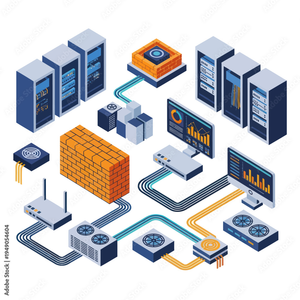 Obraz premium Isometric Network Infrastructure - Servers, Routers, and Data Flow.