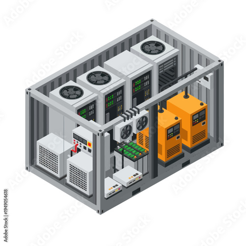 Isometric View of a Data Center Container with Servers and Cooling Systems.