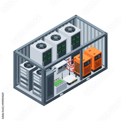 Isometric View of a Data Center Container with Servers and Cooling Systems.