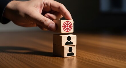 a person's hand is placing a wooden block with a red target on top of two other blocks that have silhouettes of people on them