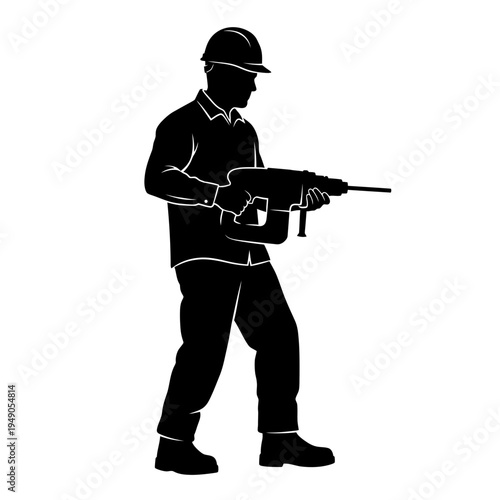 Black silhouette of construction worker with jackhammer