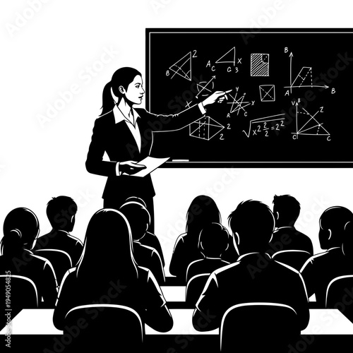 Teacher standing in front of blackboard explaining to students