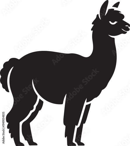 Dark Silhouette of a Standing Alpaca on White Background