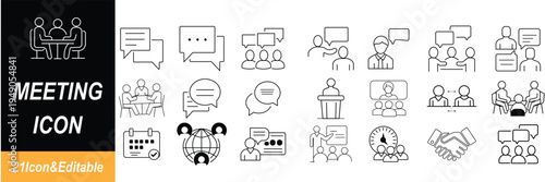 Meeting web icon set in line style. Conference, team, brainstorm, seminar, interview, collection. Vector illustration.