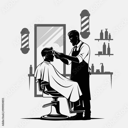 Black silhouette of barber cutting hair in vintage shop