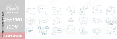 Meeting web icon set in line style. Conference, team, brainstorm, seminar, interview, collection. Vector illustration.