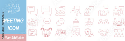 Meeting web icon set in line style. Conference, team, brainstorm, seminar, interview, collection. Vector illustration.