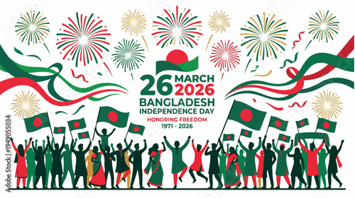 Celebratory illustration of people holding flags and fireworks in green, red, and white hues commemorating Bangladesh Independence Day on March 26.