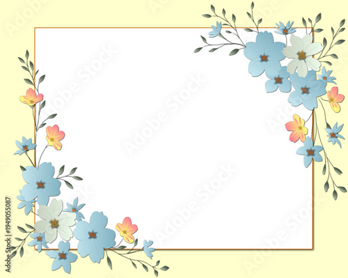 Pastel Floral Frame with Blue and Peach Flowers on Light Yellow Background