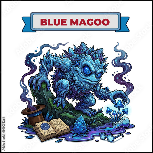 Blue Cannabis Monster Mascot with Crystals and Potion Cartoon Illustration
