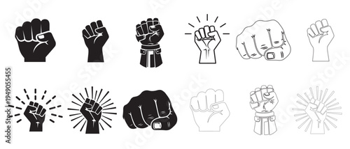 Collection of raised fists in various styles and line art designs for protest or power