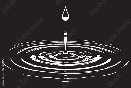 This is a vector illustration of a single, stylised water droplet falling into water. Concentric circular ripples are expanding outwards.