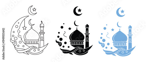 Islamic mosque and crescent moon with stars illustrations in various colors