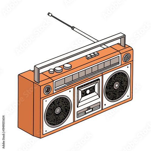 Retro vintage radio cassette player isolated on white background with antenna speakers and classic portable boombox design.