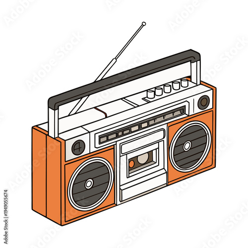 Retro vintage radio cassette player isolated on white background with speakers buttons antenna and classic portable boombox design.