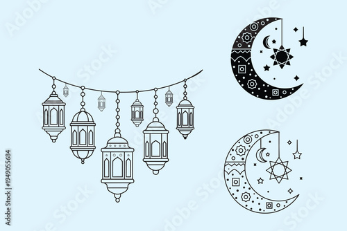 Islamic ramadan eid lanterns and crescent moons with stars on blue