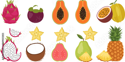 Tropical Fruits Vector Set Featuring Dragonfruit, Papaya, Passionfruit, Guava, Starfruit, Pineapple, and Coconut for Healthy Eating and Exotic Cuisine