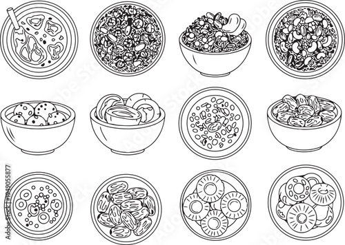 Set of bowls with various nuts seeds and dried fruits  healthy snack food