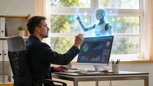 Professional interacting with an AI virtual assistant through advanced digital interface, illustrating human and artificial intelligence collaboration, productivity, automation, and future workplace