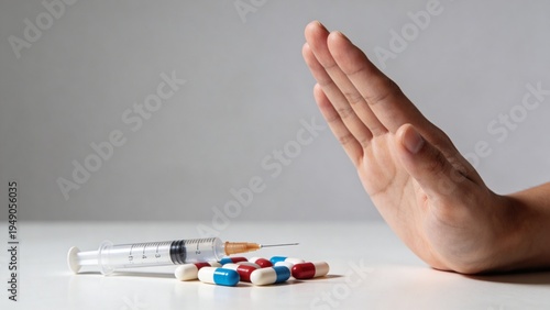 Close-up of a human hand making a stop gesture toward scattered prescription pills, symbolizing drug refusal, addiction prevention, substance abuse awareness, healthcare decisions, healthy lifestyle