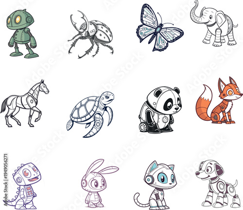 Cute Robotic Animal Character Set with Cyborg Panda, Fox, and Elephant AI Generated Illustrations