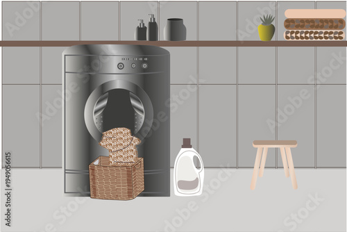 Minimalist room interior with washing machine