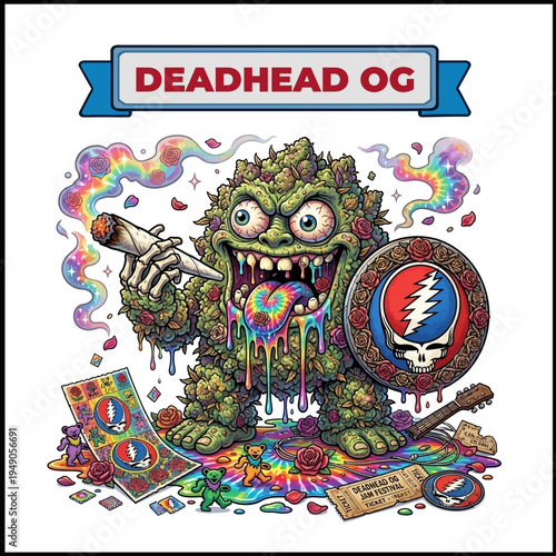 Psychedelic Cannabis Monster Mascot with Guitar and Shield Cartoon Illustration