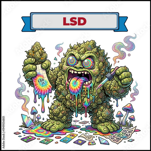 Psychedelic Cannabis Monster with Rainbow Tongue Cartoon Illustration