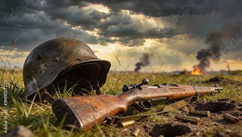 Military helmet beside rifle on abandoned battlefield under dramatic clouds, representing sacrifice, conflict, war memory, survival, and historic military storytelling.