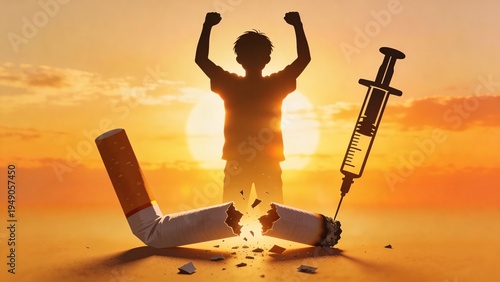Silhouette of victorious person raising arms at sunset beside syringe, symbolizing overcoming addiction, drug recovery, rehabilitation success, mental strength, and hope for a healthier future.