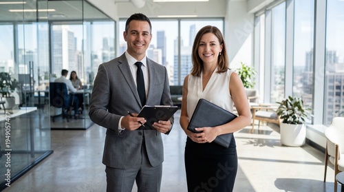 Confident Duo Business Partners in Modern Office with City View.