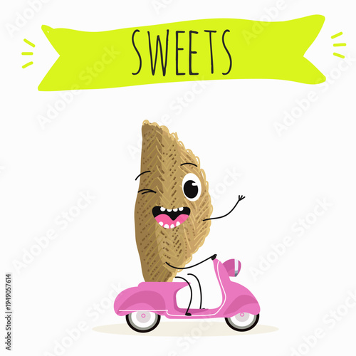 Funny Characters Shekerbura, Badambura dessert, hand drawn vector illustration.
