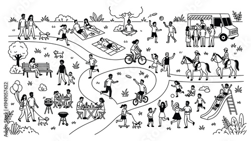 Public park aerial view with people enjoying various leisure activities