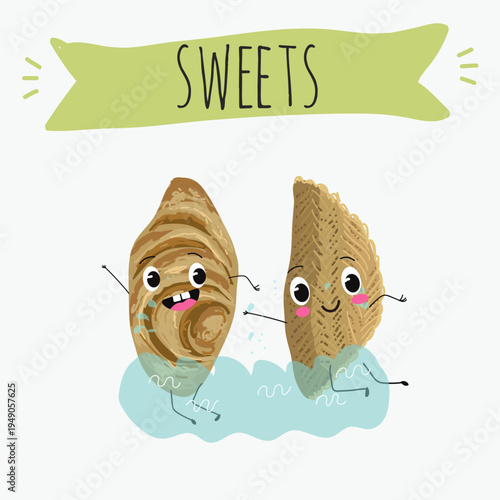 Funny Characters Shekerbura, Badambura dessert, hand drawn vector illustration.