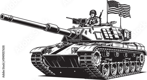 Modern Military Tank with Soldier and Flag – Bold Black Vector Illustration