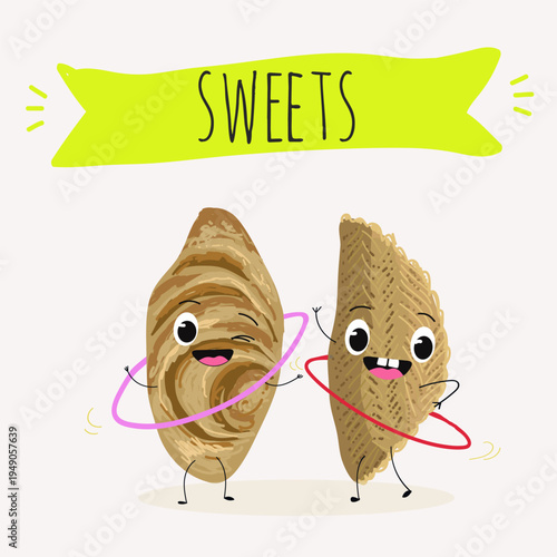 Funny Characters Shekerbura, Badambura dessert, hand drawn vector illustration.